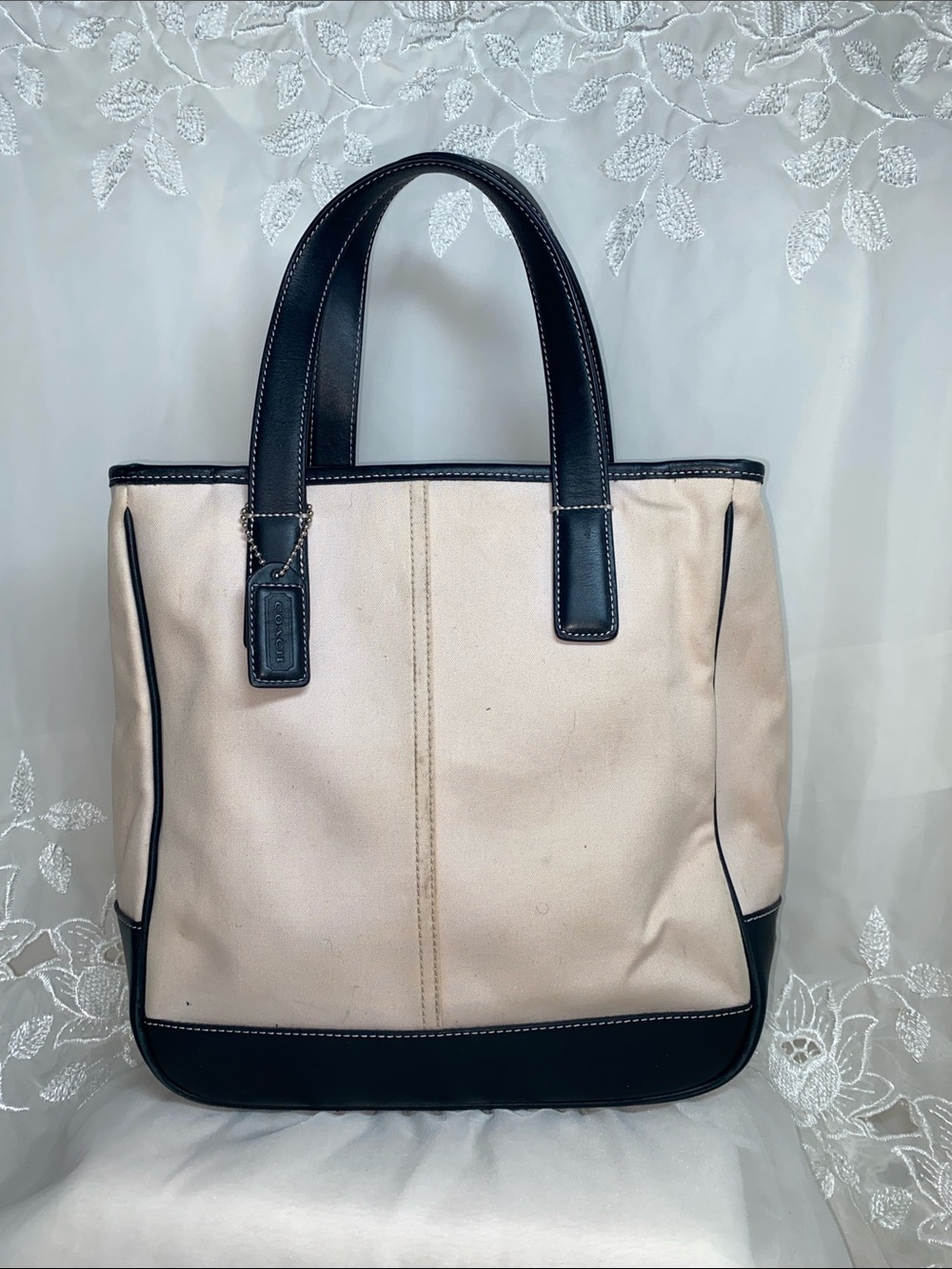 Vintage Coach 7706 Canvas & Leather Tote Bag - Beige and Black